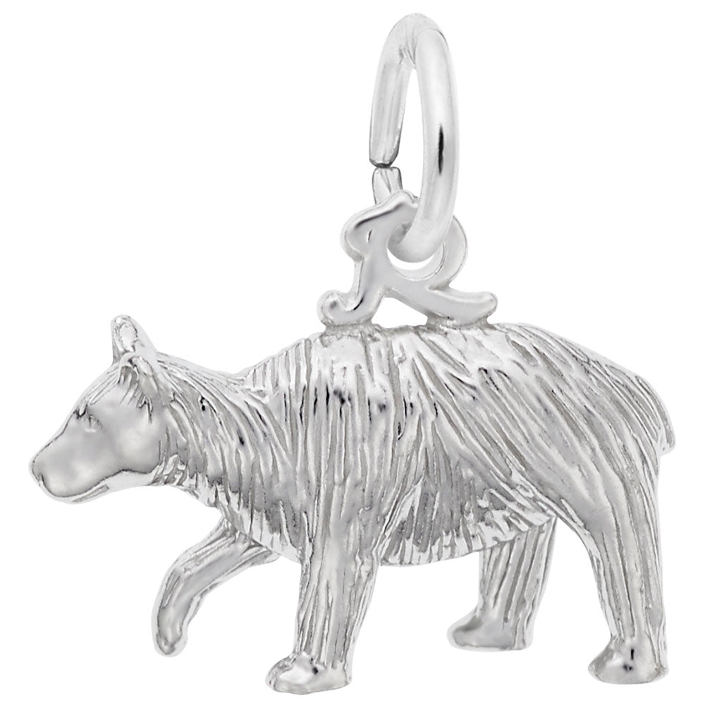 Silver bear shaped charm with fur detailing, shown on a white background