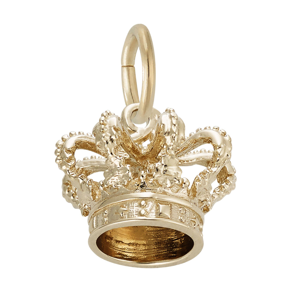 Bottom of a gold Royal Crown charm featuring intricate detailing, shown on a white background