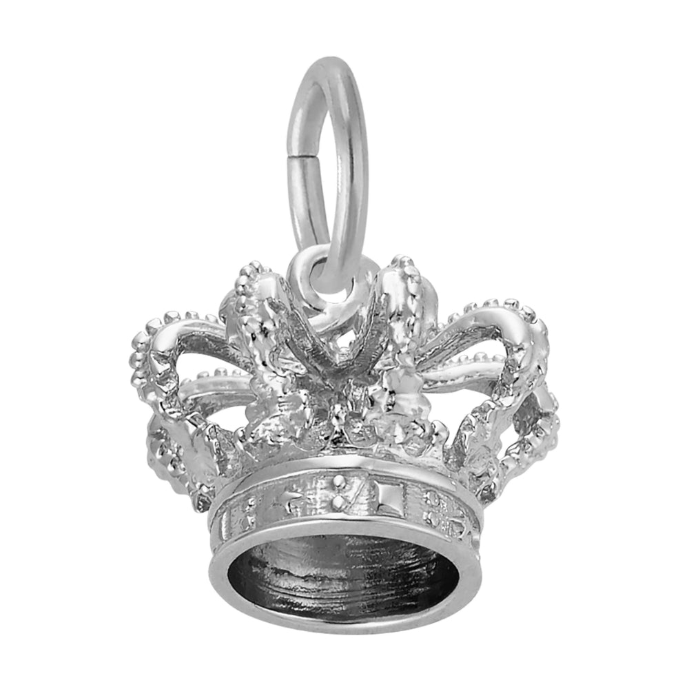 Bottom of a silver Royal Crown charm featuring intricate detailing, shown on a white background