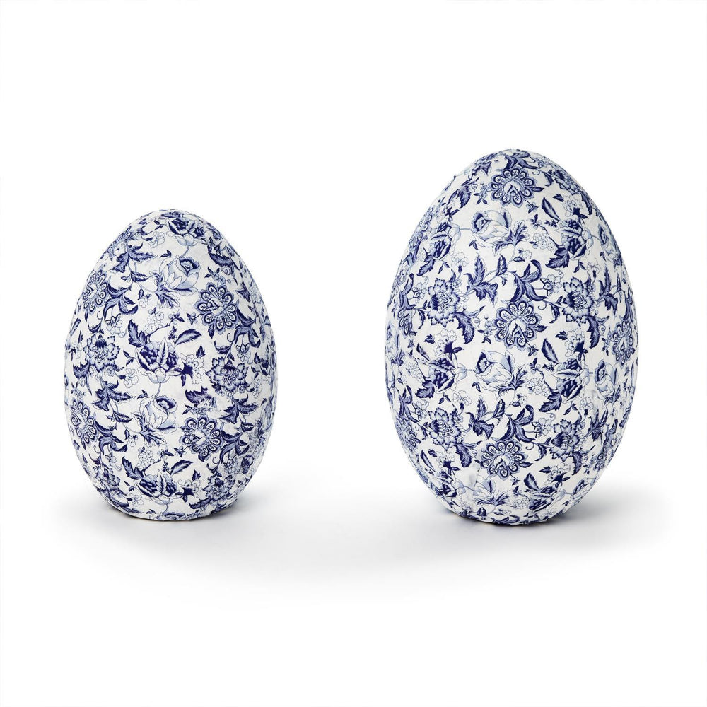 Two's Company Blue and White Hand-Crafted Paper Mache Eggs- Blue Chinoiserie