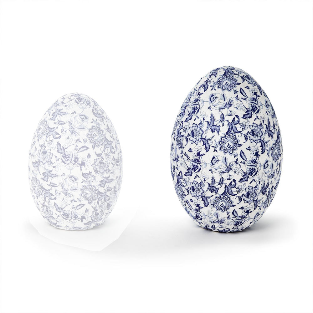 Two's Company Blue and White Hand-Crafted Paper Mache Eggs- Blue Chinoiserie
