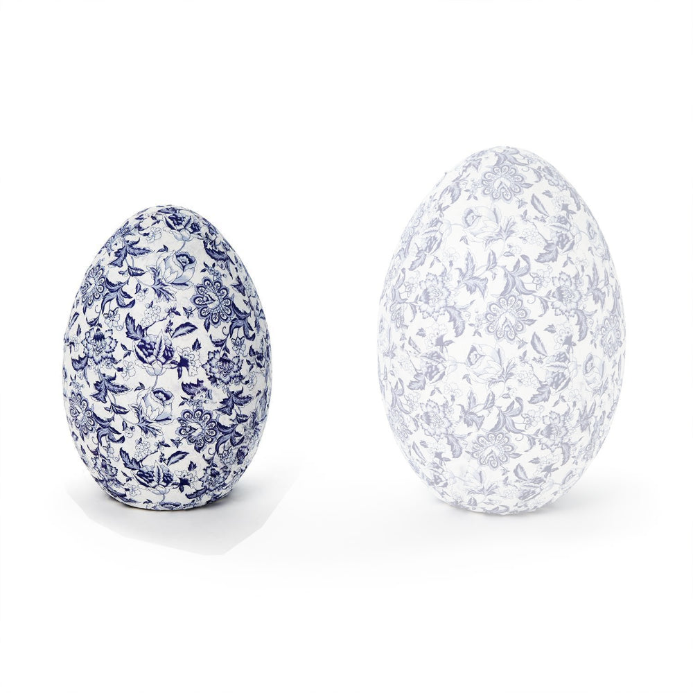 Two's Company Blue and White Hand-Crafted Paper Mache Eggs- Blue Chinoiserie