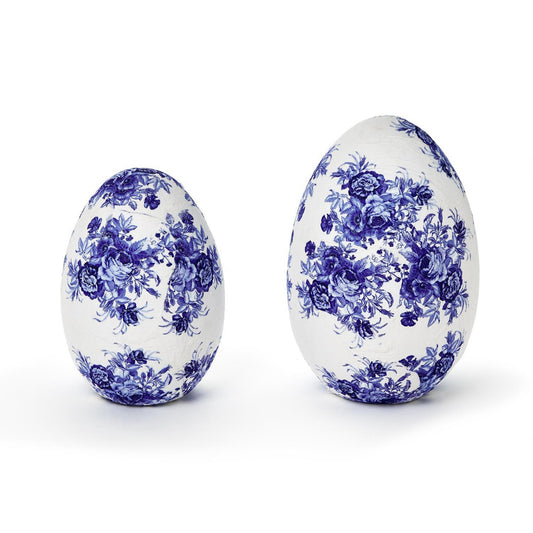 Two's Company Blue and White Hand-Crafted Paper Mache Eggs- Blue Flowers