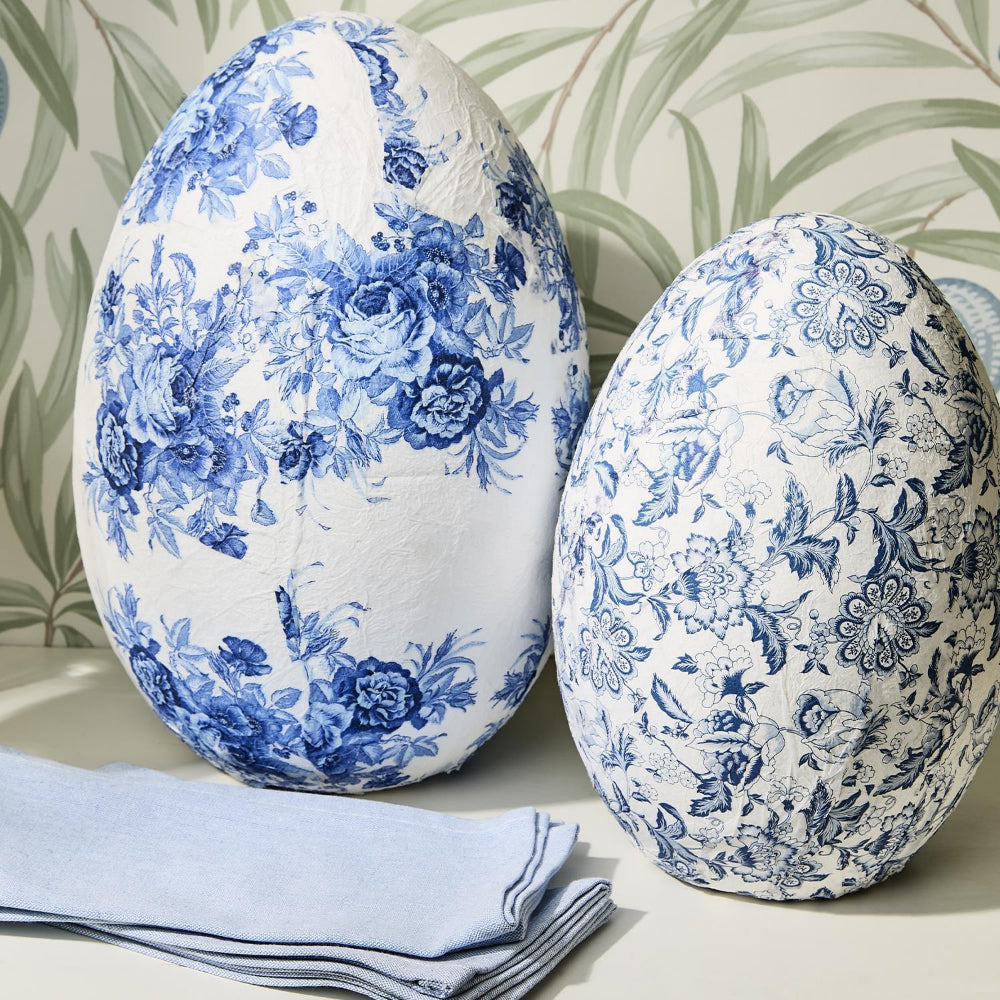 Two's Company Blue and White Hand-Crafted Paper Mache Eggs- Blue Chinoiserie