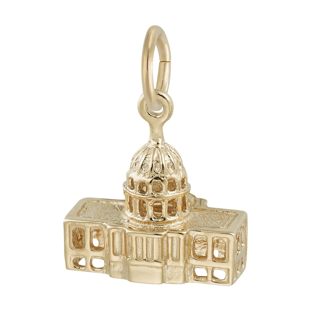Back of a gold charm shaped like the US Capitol building, featuring a detailed dome and surrounding structure, shown on a plain white background.