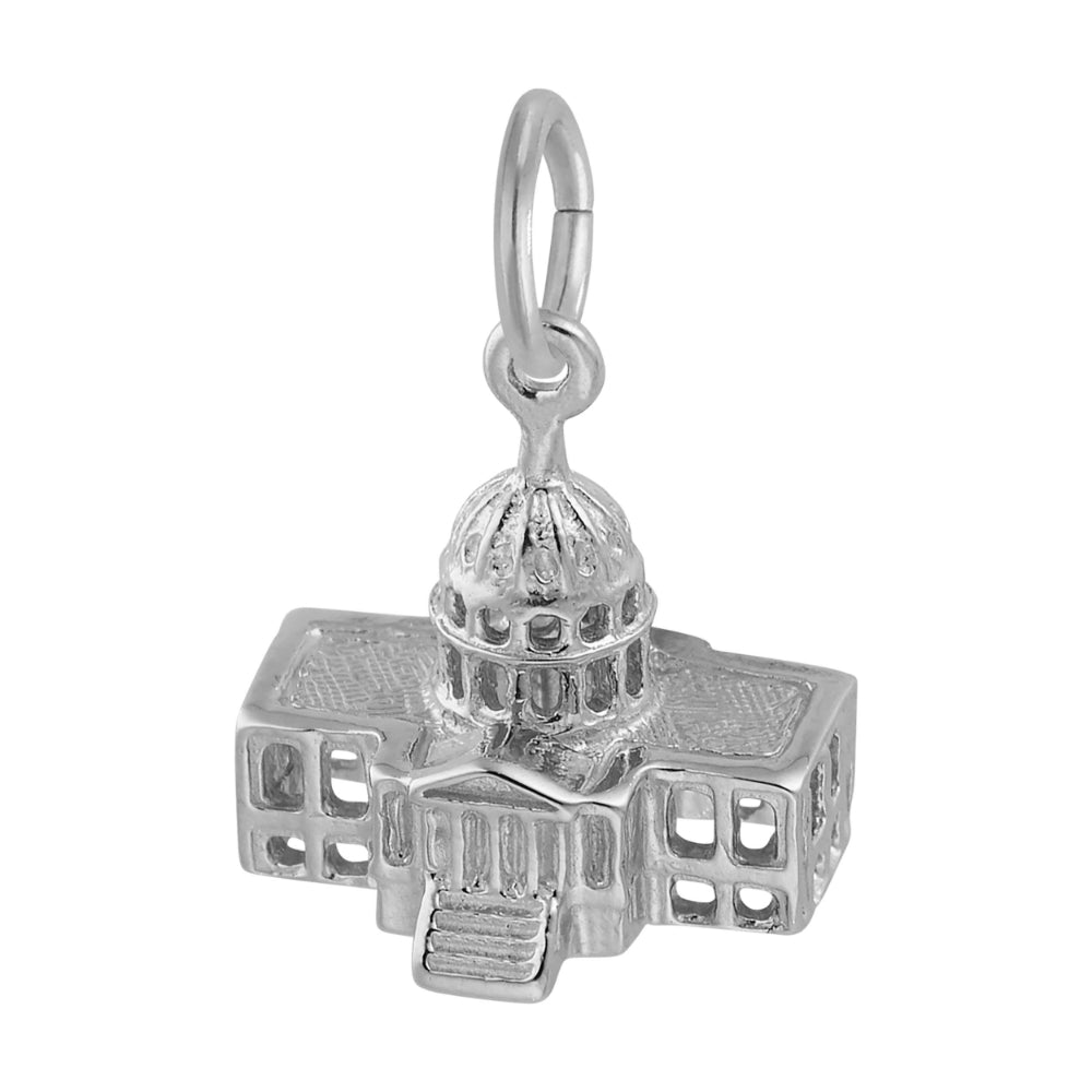 A sterling silver charm shaped like the US Capitol building, featuring a detailed dome and surrounding structure, shown on a plain white background.