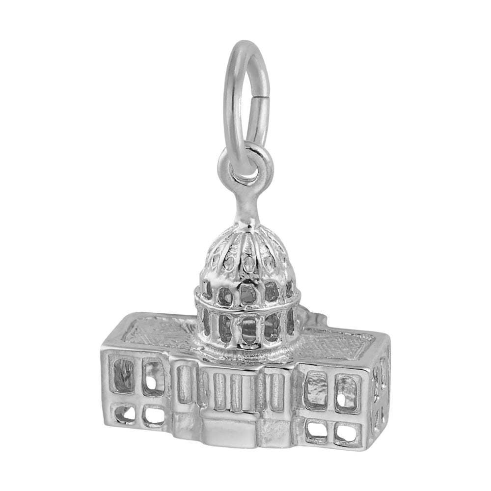 Back of a a sterling silver charm shaped like the US Capitol building, featuring a detailed dome and surrounding structure, shown on a plain white background.
