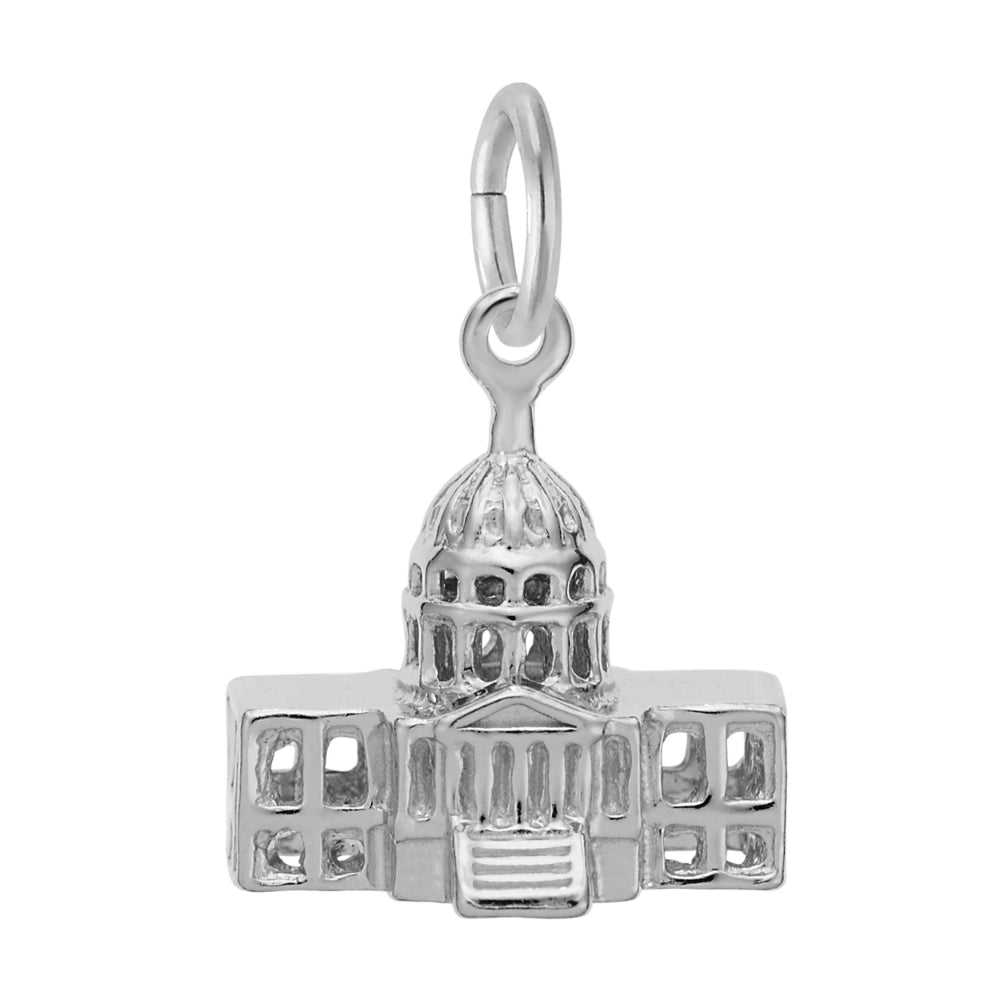 Front of a sterling silver charm shaped like the US Capitol building, featuring a detailed dome and surrounding structure, shown on a plain white background.