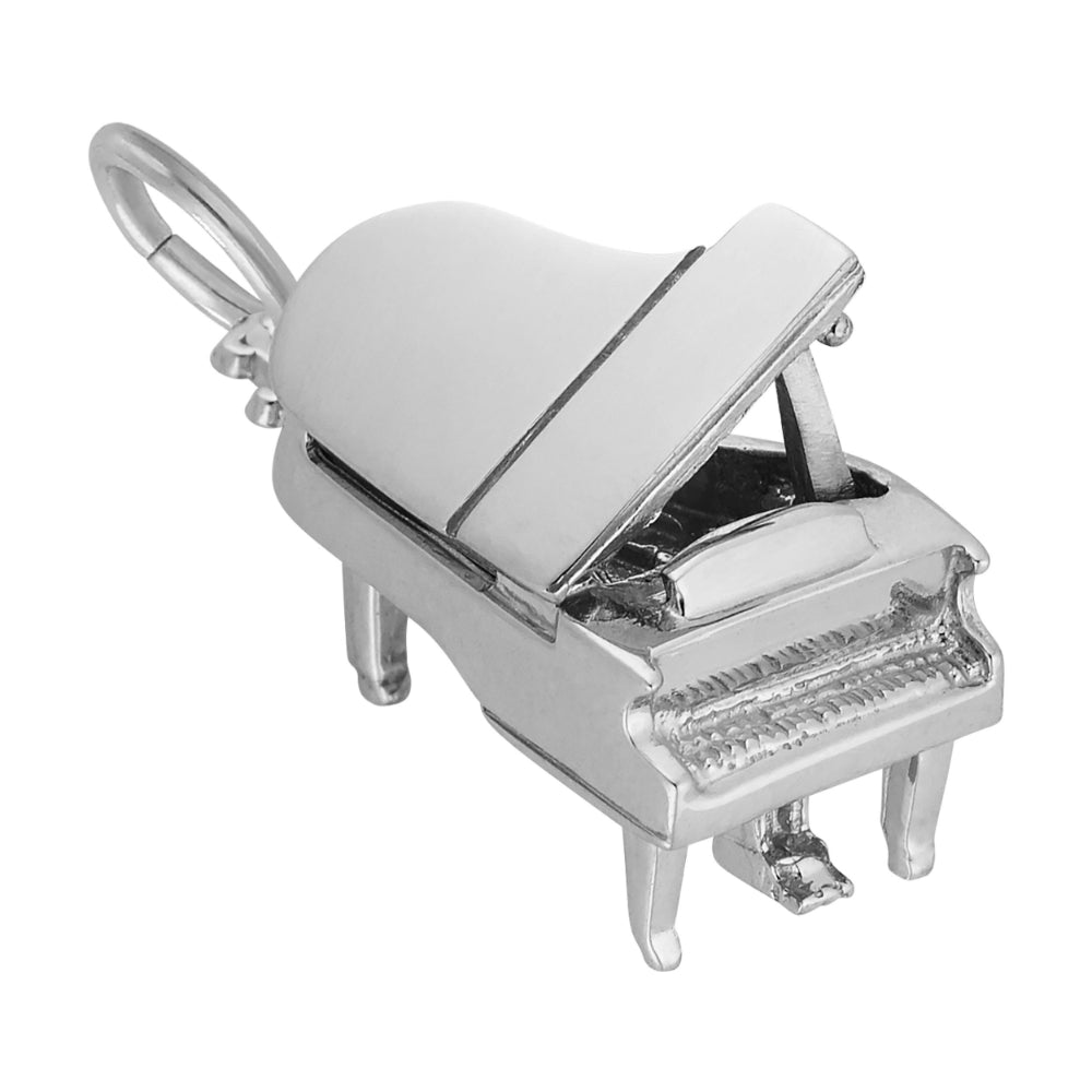 A polished silver charm shaped like a grand piano with the lid open, featuring key detailing, shown on a plain white background.