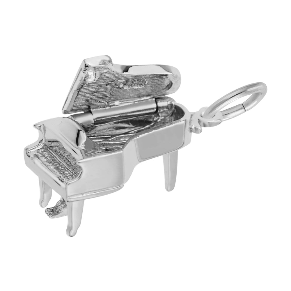 A polished silver charm shaped like a grand piano with the lid open, featuring key and string detailing, shown on a plain white background.