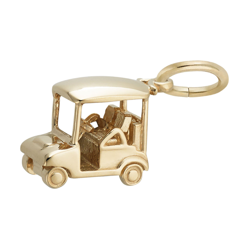 Angled view of a gold golf cart charm shown on a white background, facing left