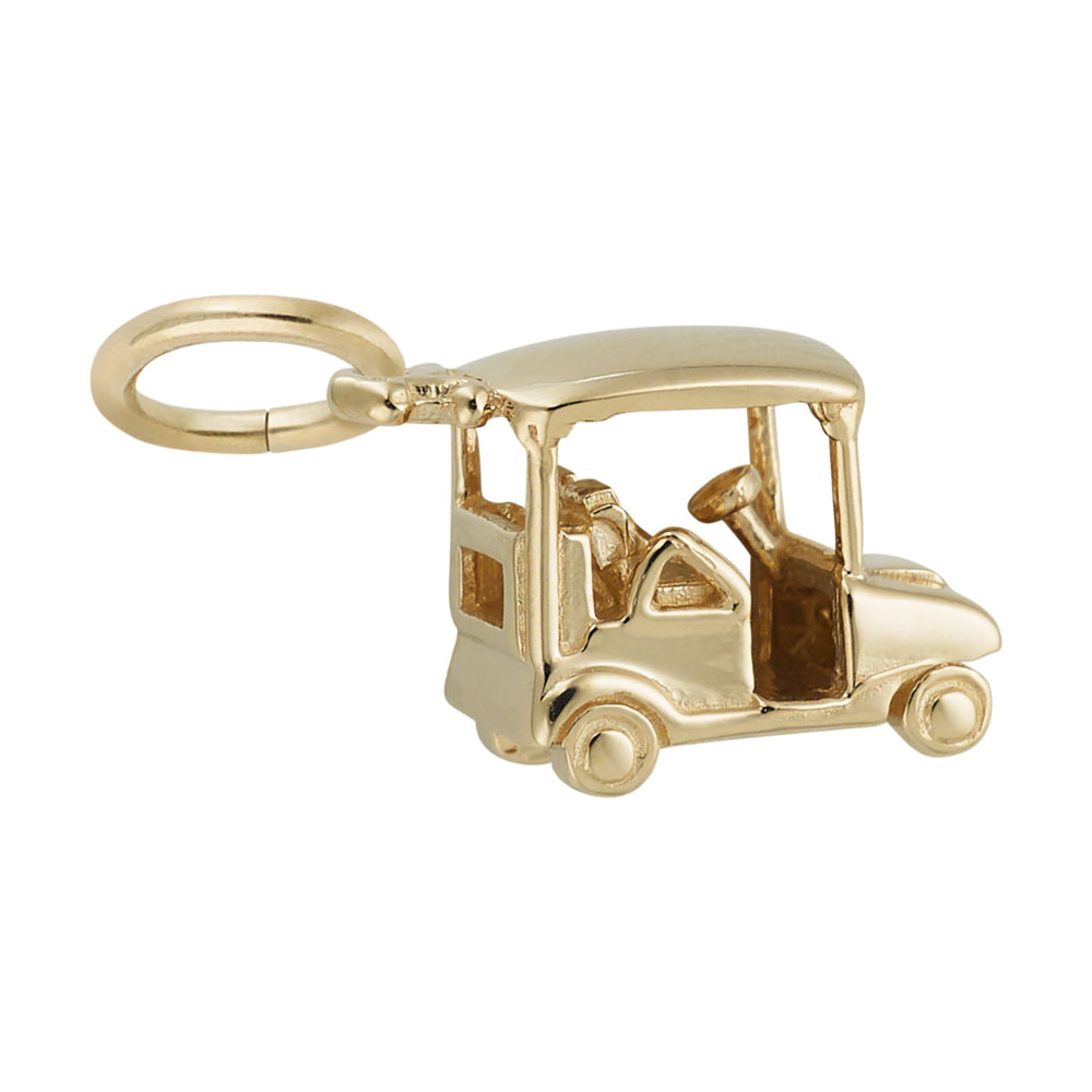 Gold golf cart charm shown on a white background, facing right