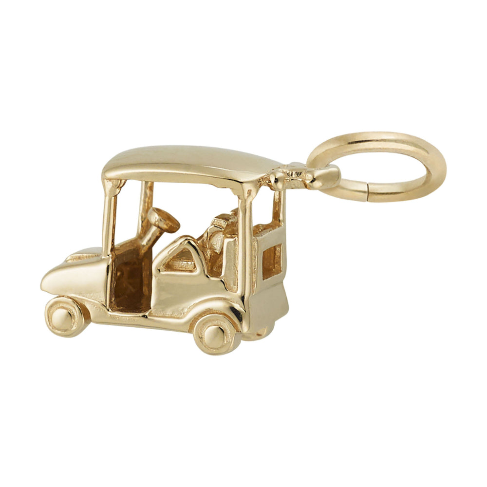 Gold golf cart charm shown on a white background, facing left