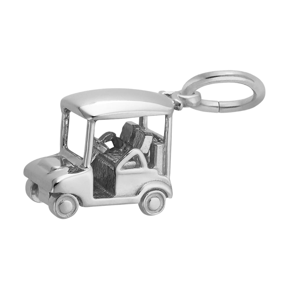 Angled view of a silver golf cart charm shown on a white background, facing left