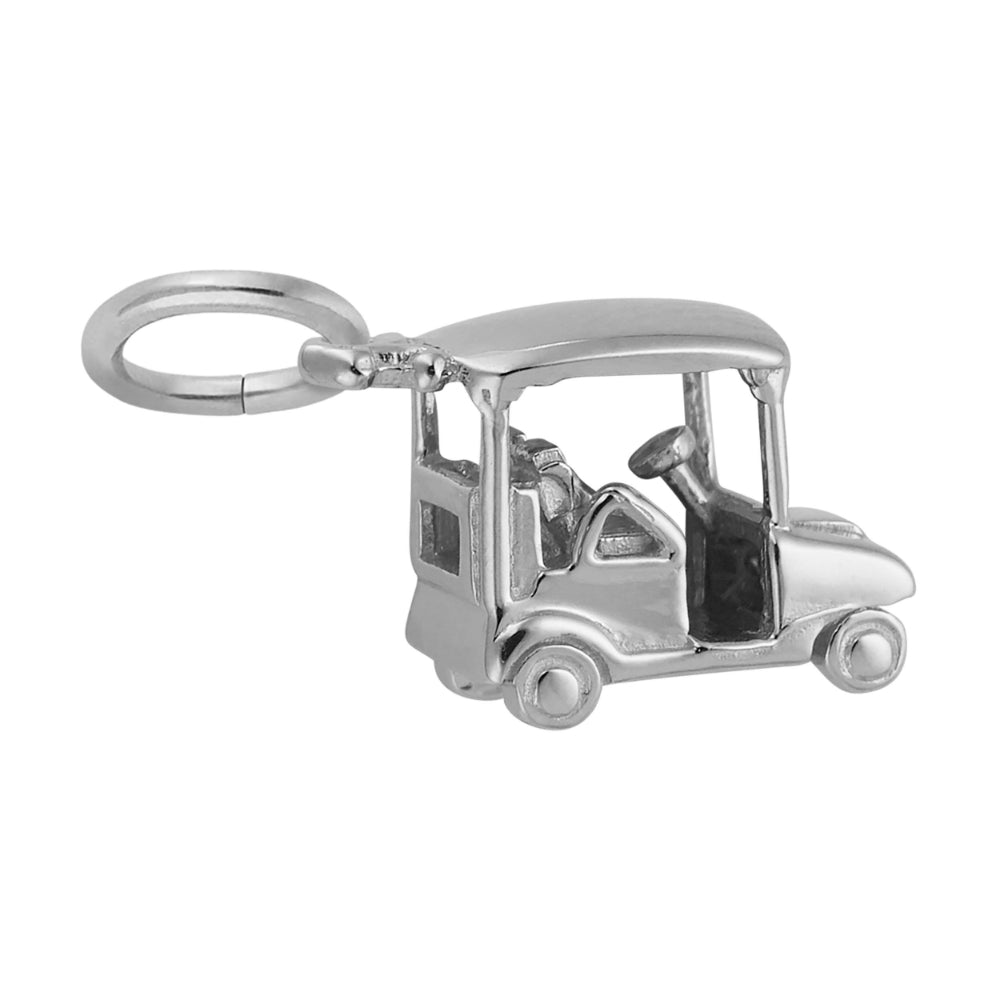 Silver golf cart charm shown on a white background, facing right