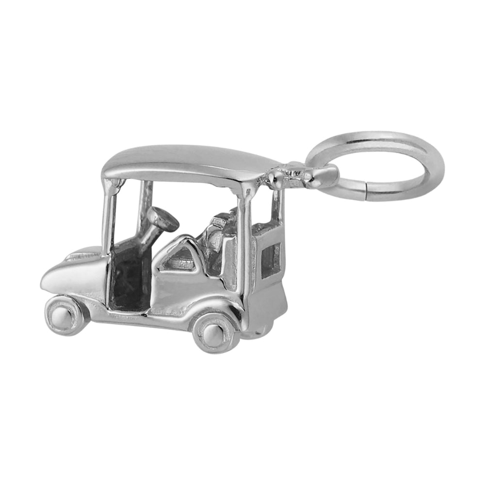 Silver golf cart charm shown on a white background, facing left
