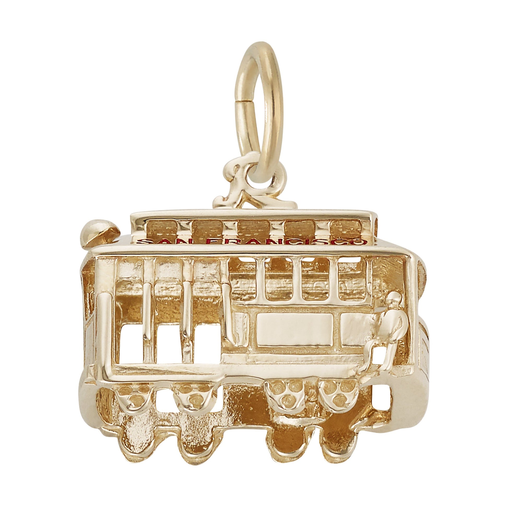Angle view of Gold cable car charm with 'San Francisco' text on a white background