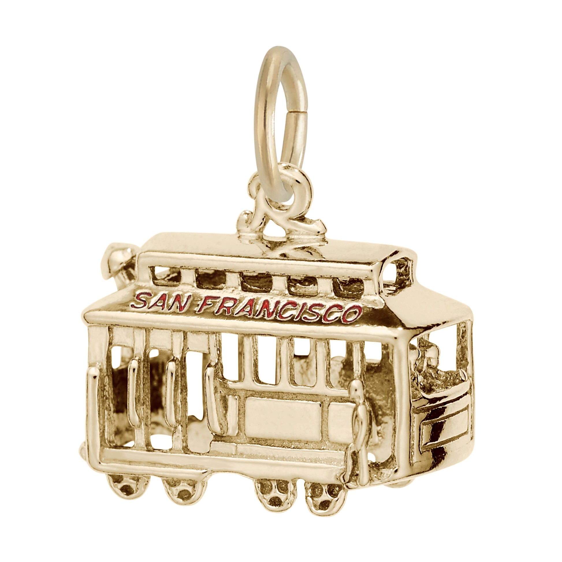 Gold cable car charm with 'San Francisco' text on a white background