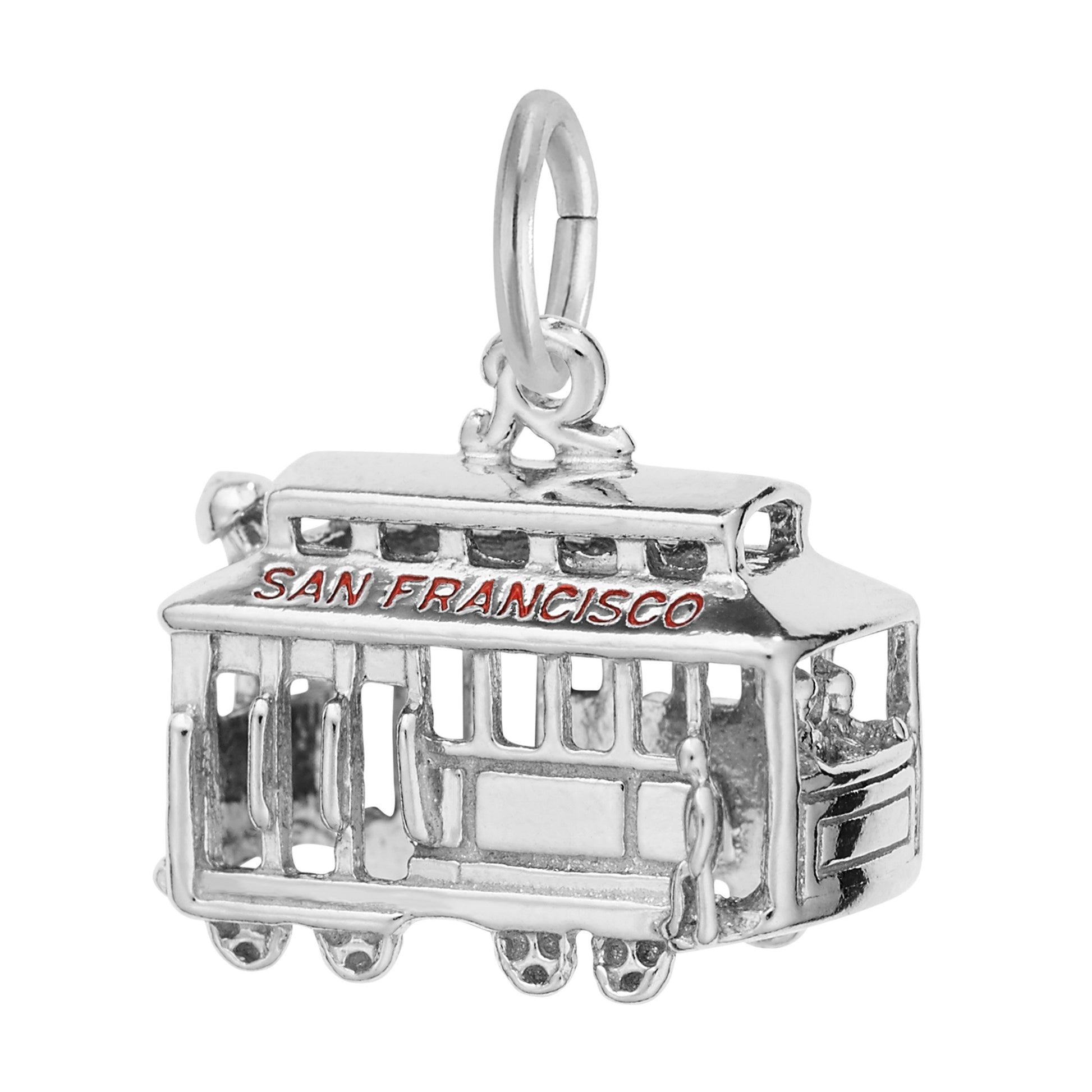 Silver cable car charm with 'San Francisco' text on a white background