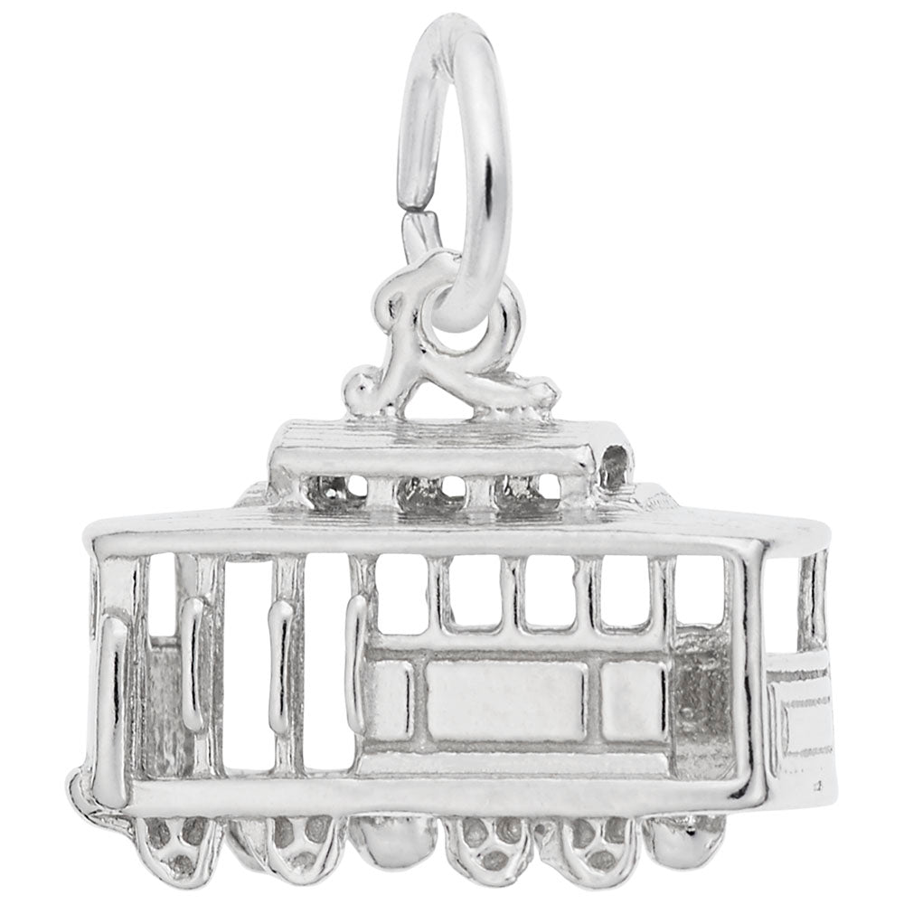 Silver cable car charm on a white background