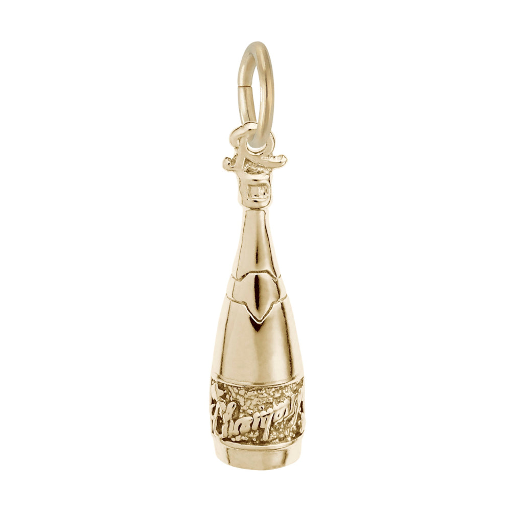 A polished gold champagne bottle charm inscribed with "CHAMPAGNE" , shown on a plain white background.