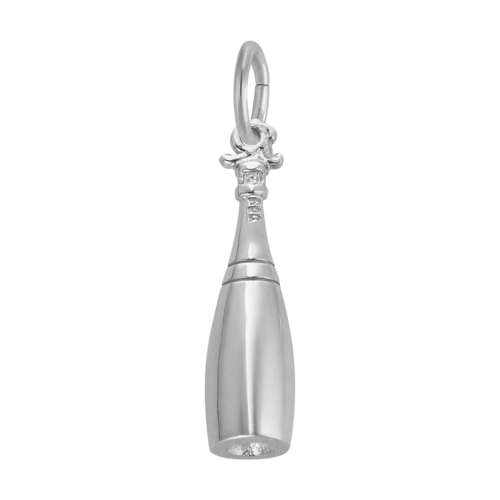 A polished silver champagne bottle charm, shown on a plain white background.