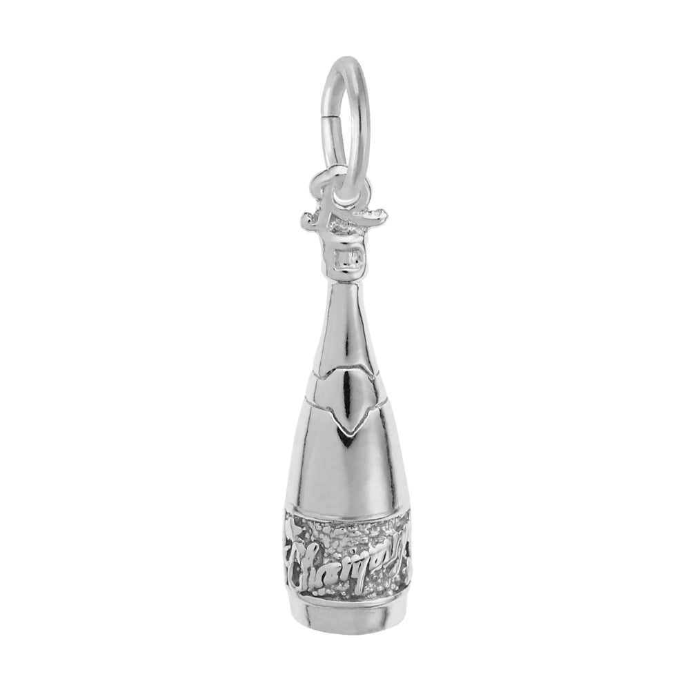 A polished silver champagne bottle charm inscribed with "CHAMPAGNE" , shown on a plain white background.