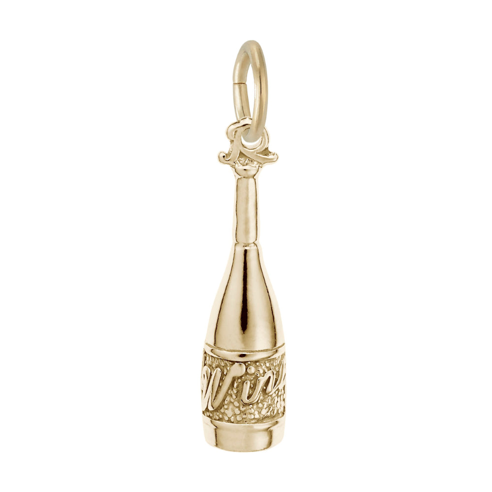 A gold wine bottle charm inscribed with "WINE" and a textured label, shown on a white background