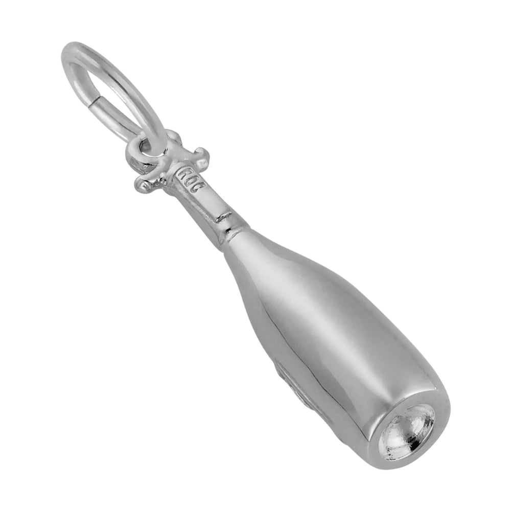 A plain silver wine bottle charm shown on a white background