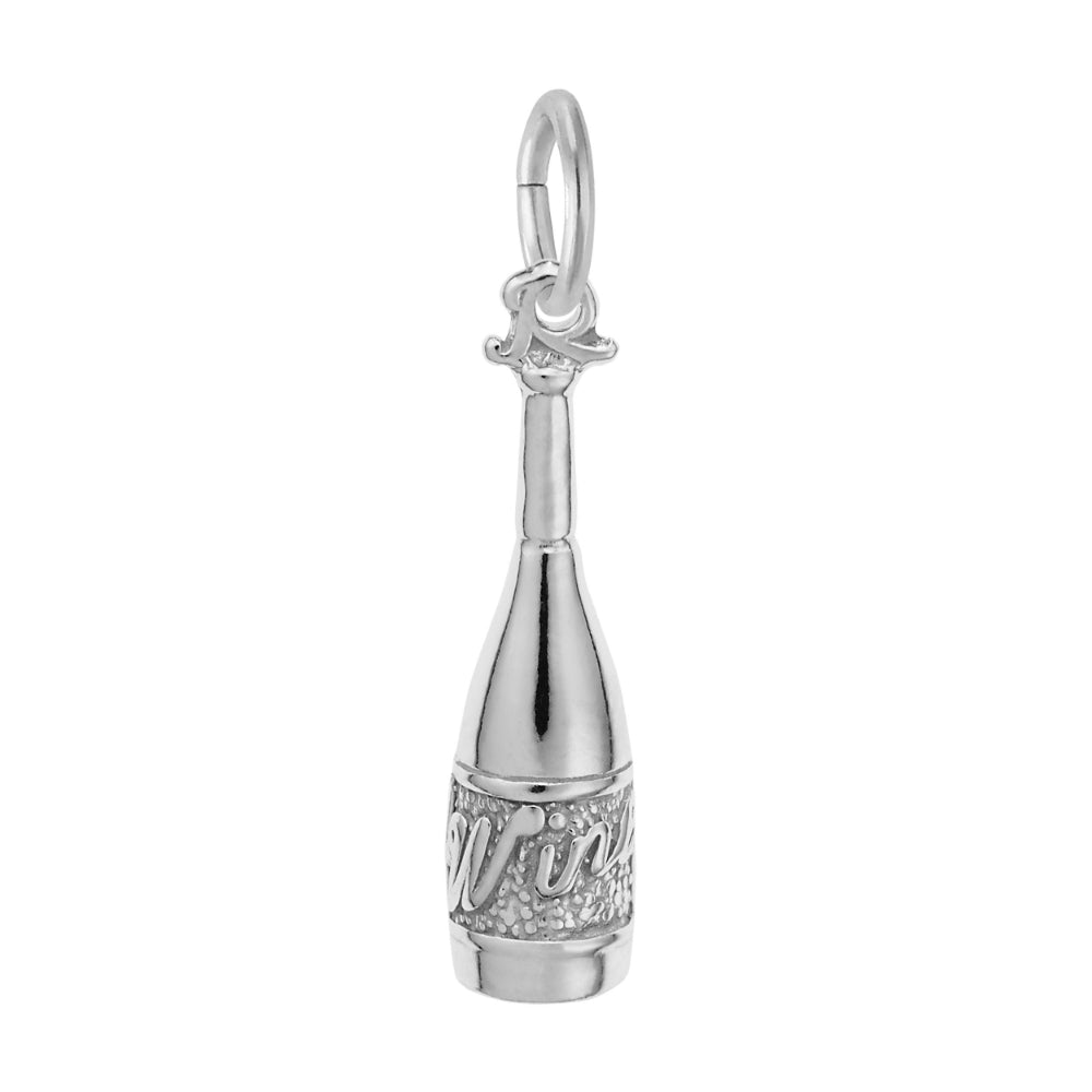 A silver wine bottle charm inscribed with "WINE" and a textured label, shown on a white background