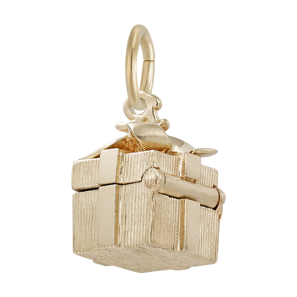 Back of a opening gold gift box charm pendant with a textured finish, shown closed on a white background