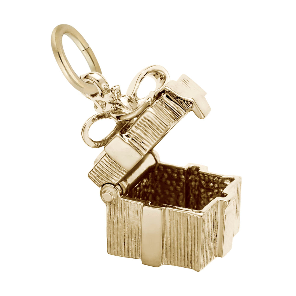 A opening gold gift box charm pendant with a textured finish, shown on a white background
