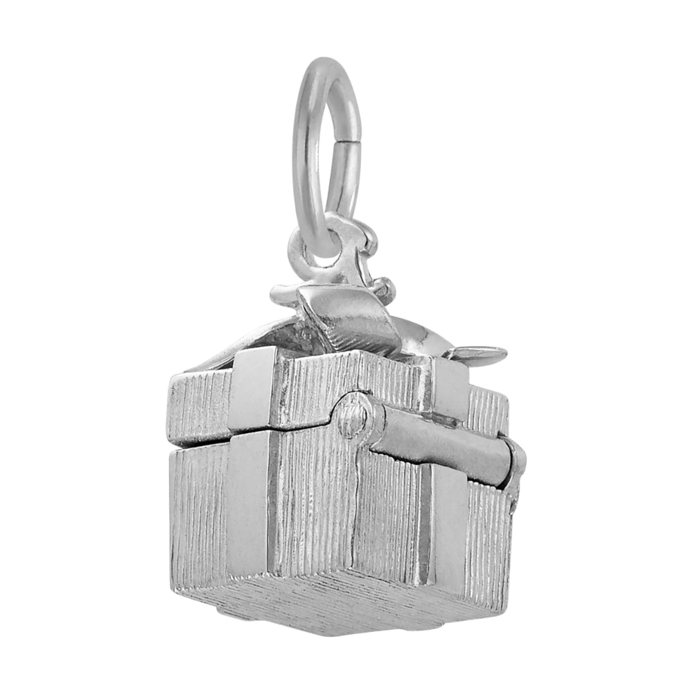 Back of a opening silver gift box charm pendant with a textured finish, shown closed on a white background