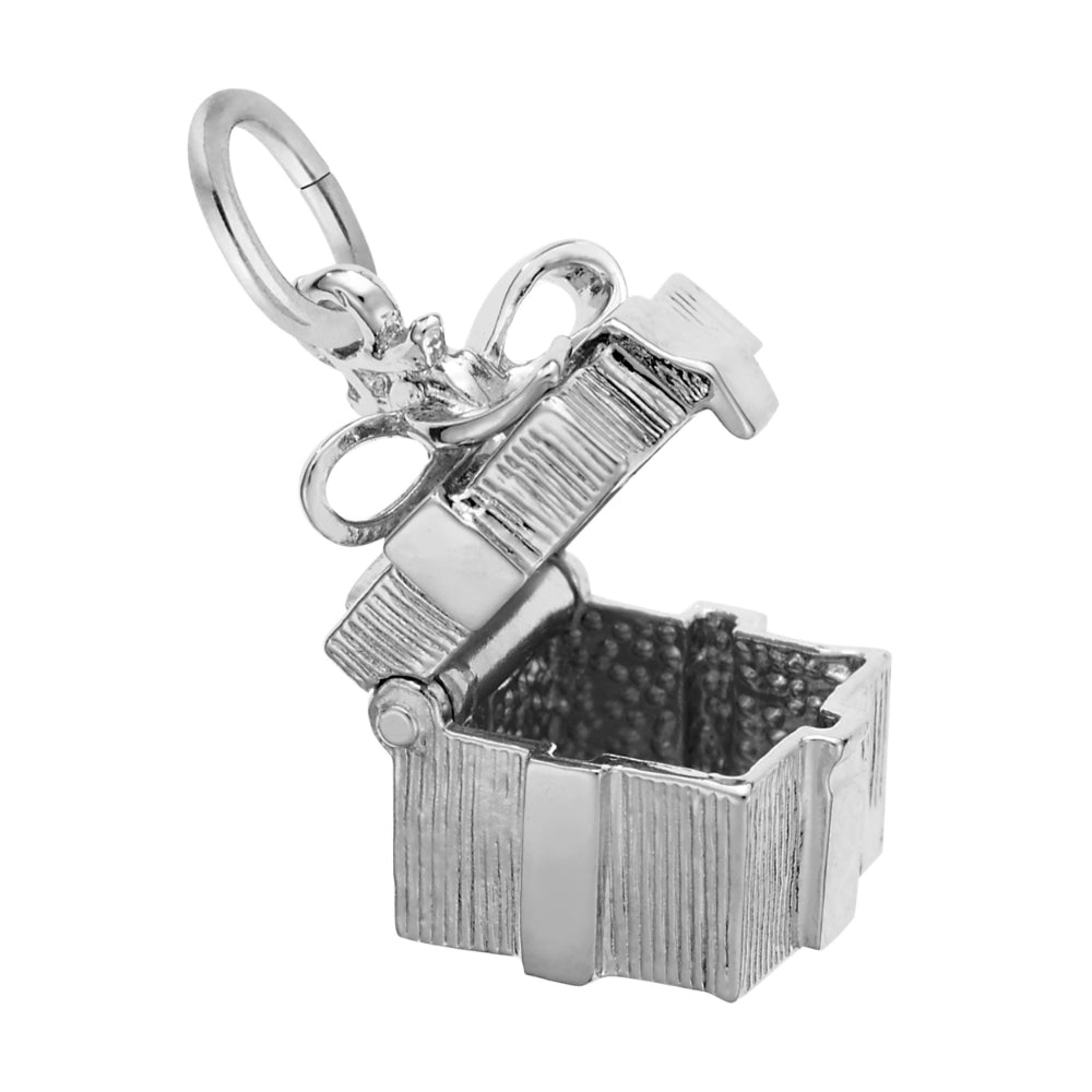 A opening silver gift box charm pendant with a textured finish, shown on a white background