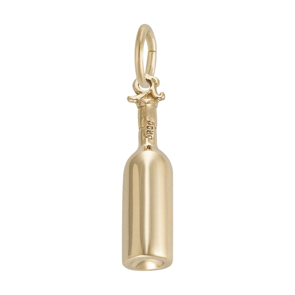 A polished gold charm shaped like a wine bottle, shown on a plain white background.