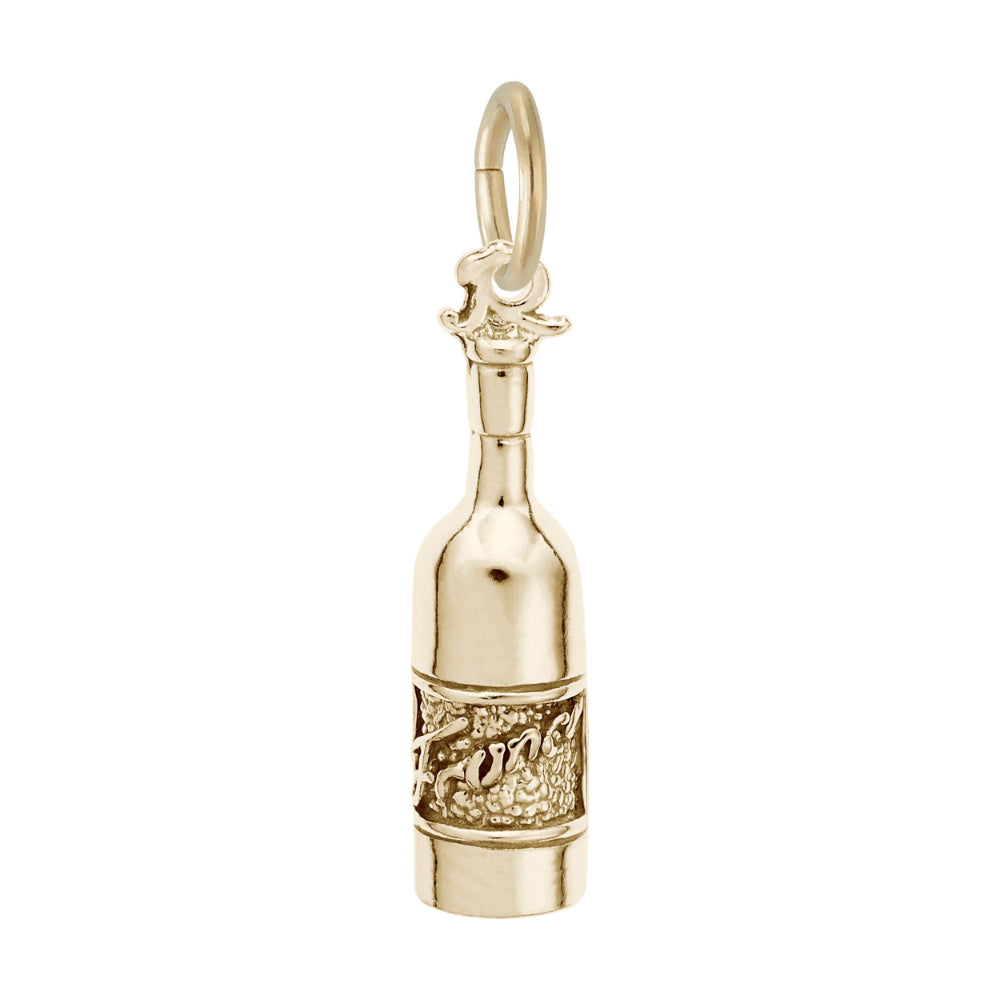 A polished gold charm shaped like a wine bottle with a detailed textured band inscribed with "FRANCE", shown on a plain white background.