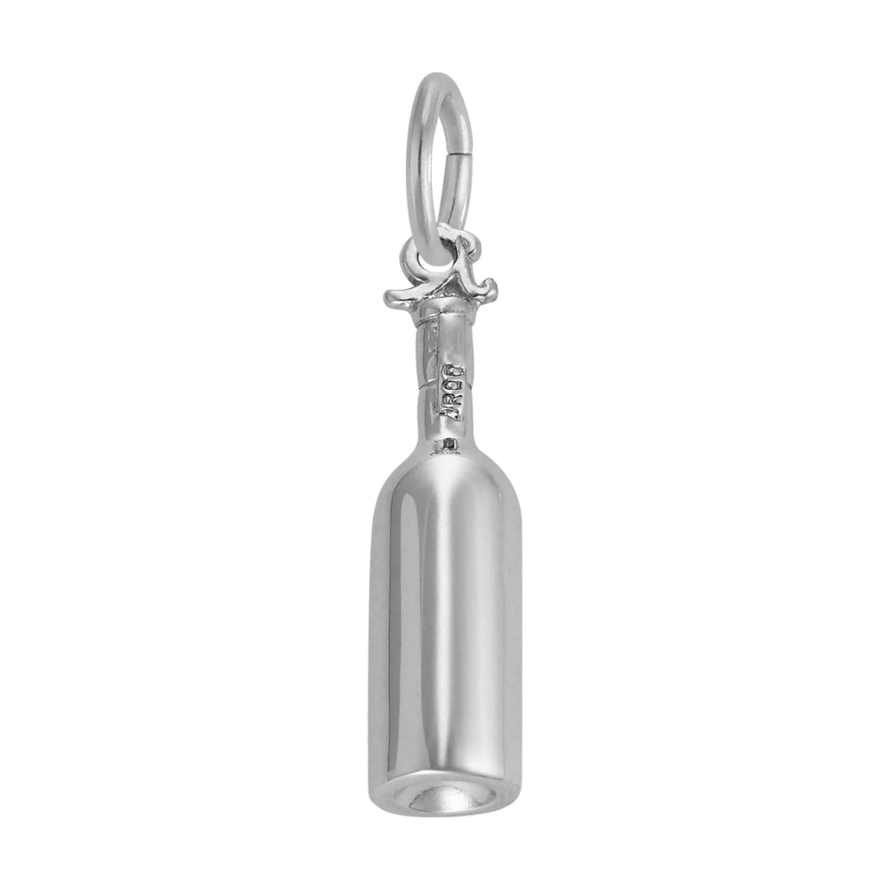A polished silver charm shaped like a wine bottle, shown on a plain white background.