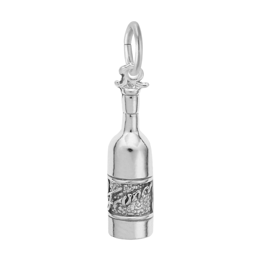 A polished silver charm shaped like a wine bottle with a detailed textured band inscribed with "FRANCE", shown on a plain white background.