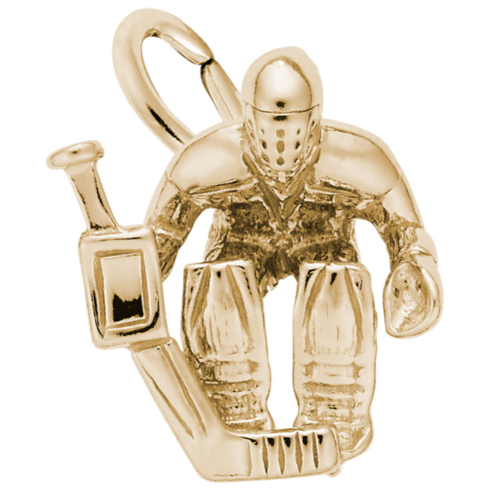 Gold hockey goalie charm with a hockey stick and skates on a white background