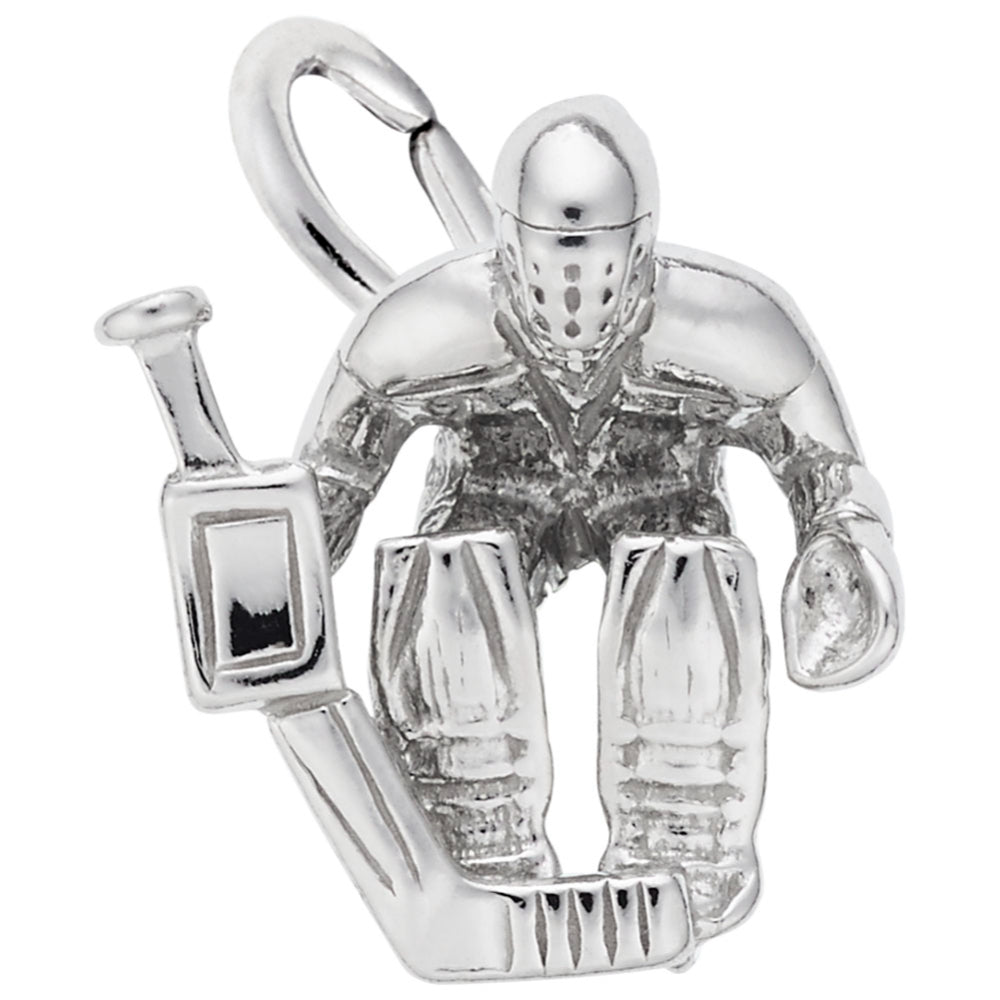 Silver hockey goalie charm with a hockey stick and skates on a white background