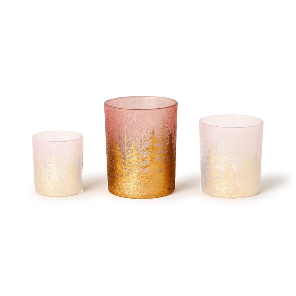 Two's Company Golden Forest Tealight Candleholders with Gold Leaf Accent-Pink