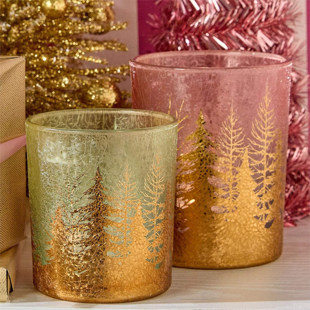 Two's Company Golden Forest Tealight Candleholders with Gold Leaf Accent-Pink