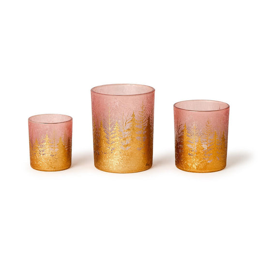 Two's Company Golden Forest Tealight Candleholders with Gold Leaf Accent-Pink