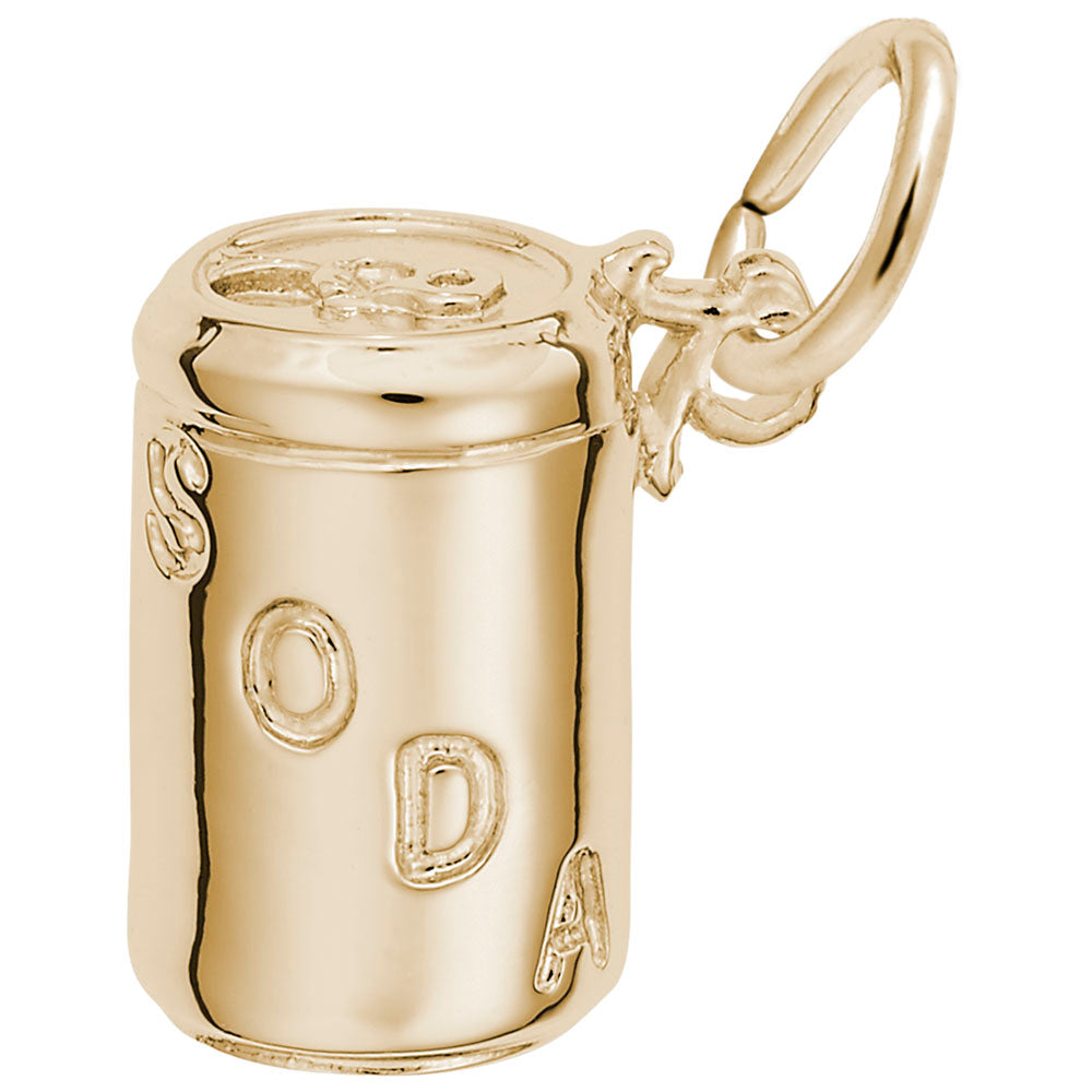Gold soda can charm inscribed with  "SODA", shown on a white background
