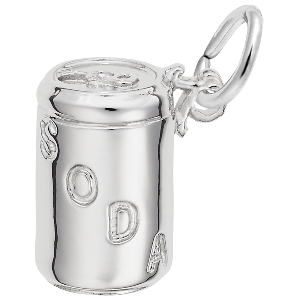 Silver soda can charm inscribed with  "SODA", shown on a white background