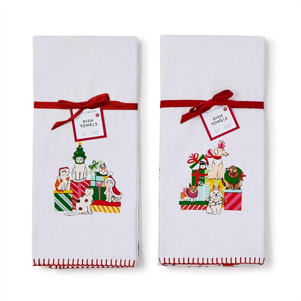 Two's Company Holiday Pet Dish Towels Dogs and Cats-Set of 2