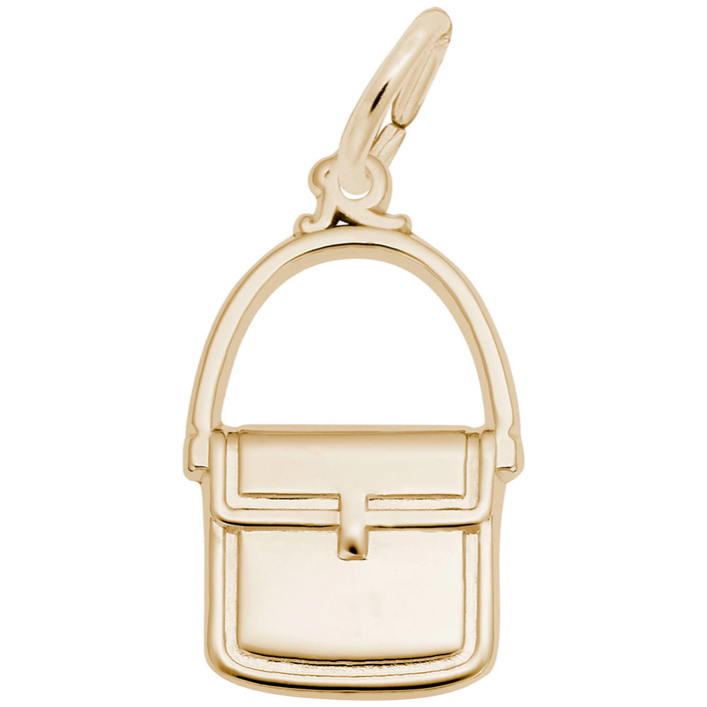 Gold messenger bag charm with a polished finish, shown on a plain white background