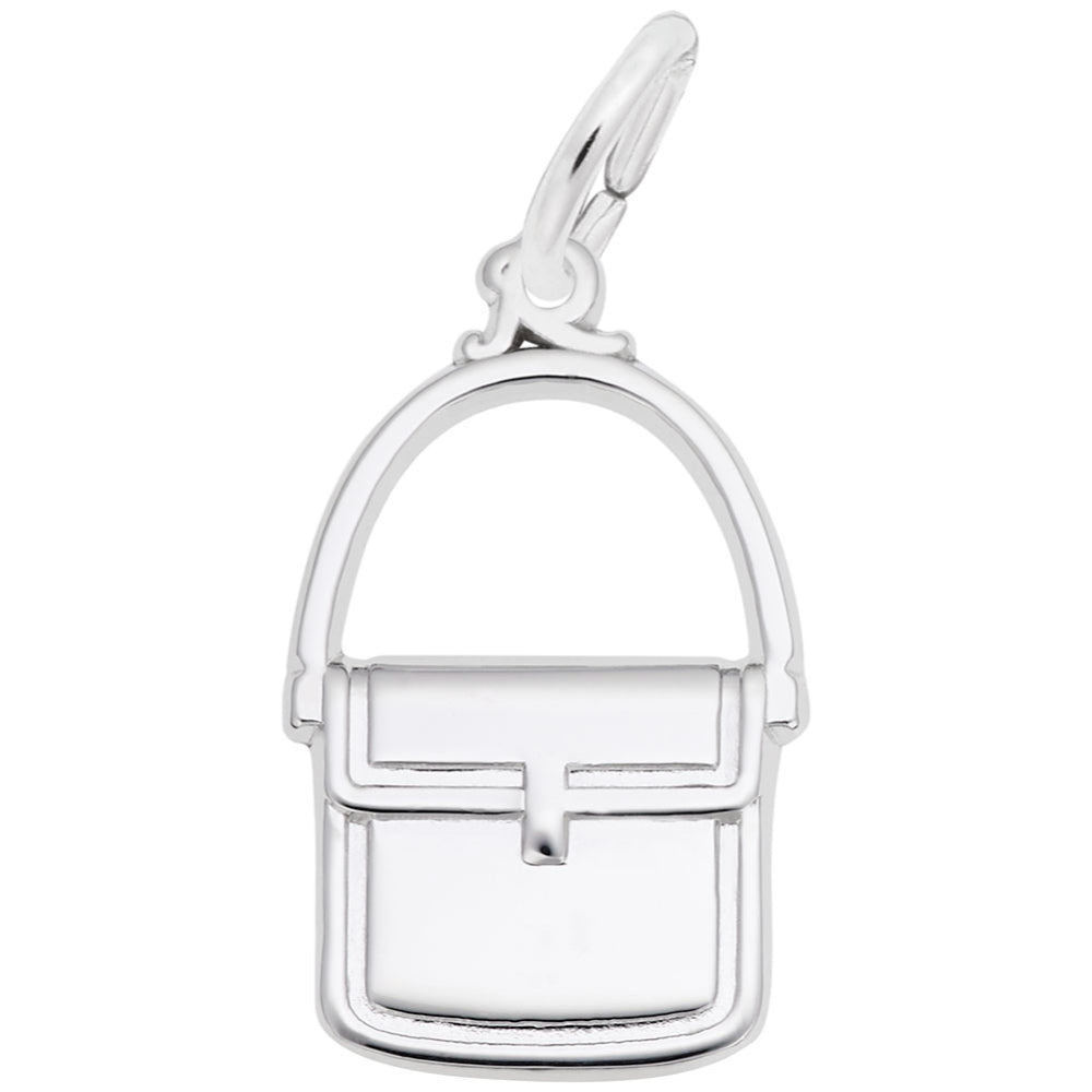 Silver messenger bag charm with a polished finish, shown on a plain white background