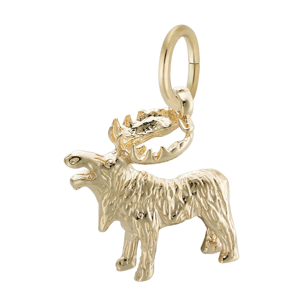 Angled view of a gold moose charm on a white background
