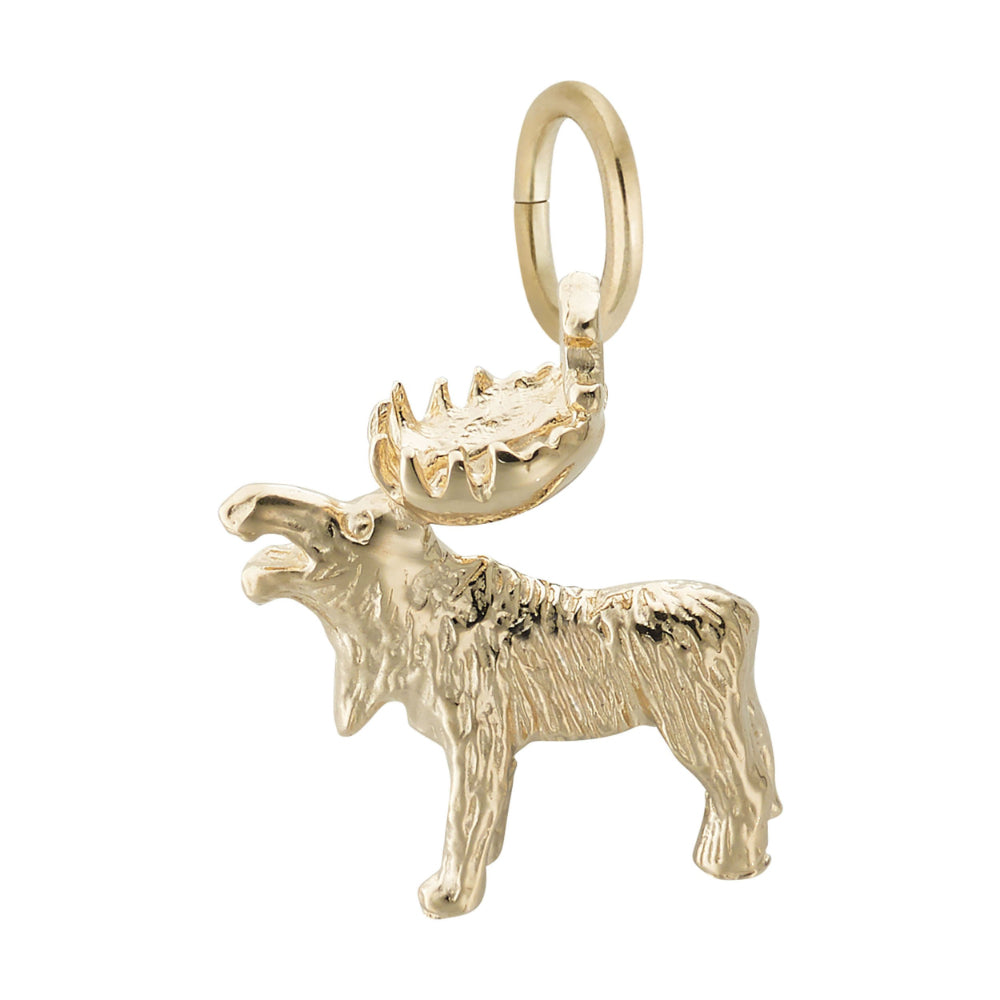 Gold moose charm, shown on a white background facing left